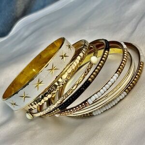 Vintage Bangle Bracelet Lot Gold/Copper Tone‎ Beaded MCM Hammered White Black